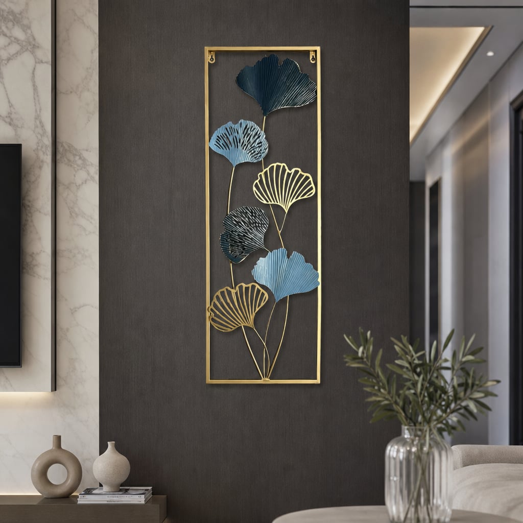 Decoratiune Metalica de Perete LuxCanva® Blue Petal Contour A2926R, din Metal, Verticala, Auriu, Bleu, Gri Petrol, Dimensiune Mare 30 × 85 × 2 cm