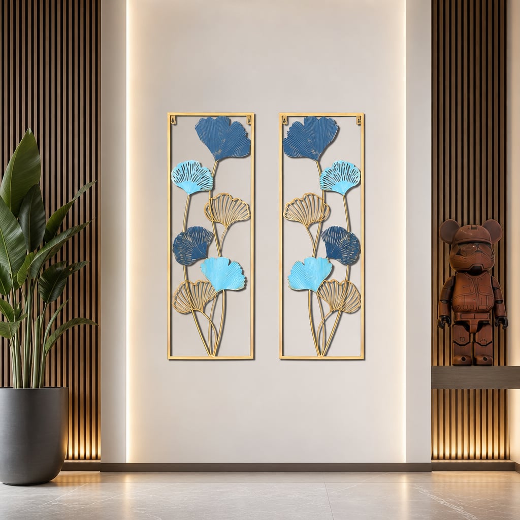 Decoratiune Metalica de Perete LuxCanva® Blue Petal Contour A2926R, din Metal, Verticala, Auriu, Bleu, Gri Petrol, Dimensiune Mare 30 × 85 × 2 cm