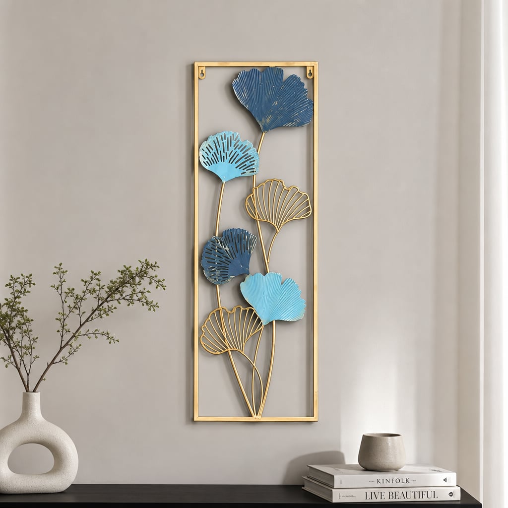 Decoratiune Metalica de Perete LuxCanva® Blue Petal Contour A2926R, din Metal, Verticala, Auriu, Bleu, Gri Petrol, Dimensiune Mare 30 × 85 × 2 cm