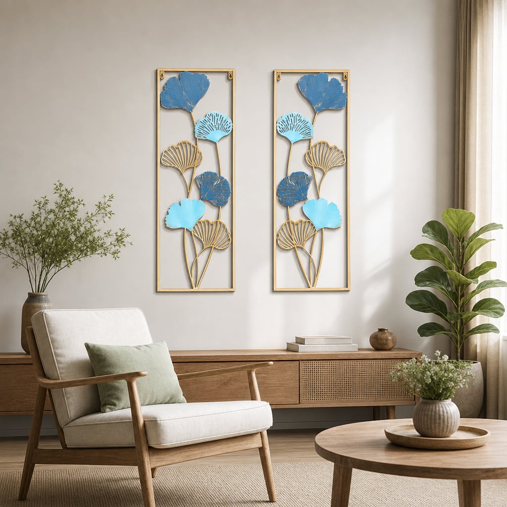 Decoratiune Metalica de Perete LuxCanva® Blue Petal Contour A2926R, din Metal, Verticala, Auriu, Bleu, Gri Petrol, Dimensiune Mare 30 × 85 × 2 cm