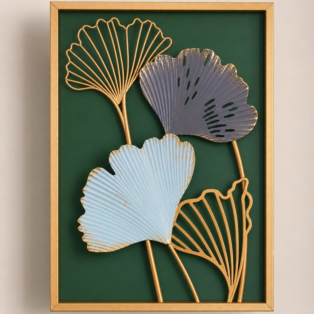 Decoratiune Metalica de Perete LuxCanva® Blue Petal Contour A2926R, din Metal, Verticala, Auriu, Bleu, Gri Petrol, Dimensiune Mare 30 × 85 × 2 cm
