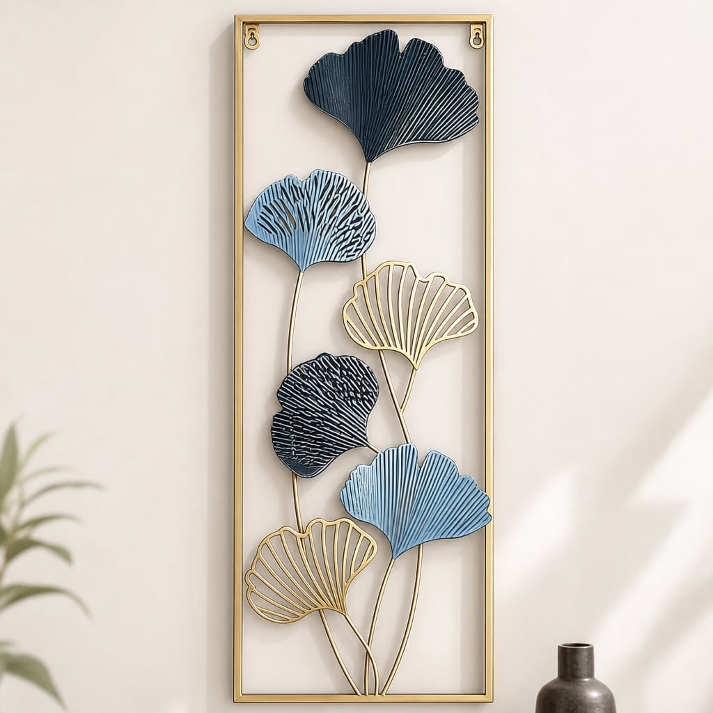 Decoratiune Metalica de Perete LuxCanva® Blue Petal Contour A2926R, din Metal, Verticala, Auriu, Bleu, Gri Petrol, Dimensiune Mare 30 × 85 × 2 cm