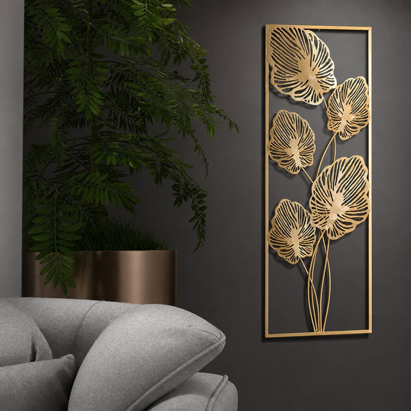 Metall-Wanddekoration LuxCanva® Golden Leafs Contour A2923L, Metall, vertikal, Gold, Großformat 30 × 85 × 3,5 cm