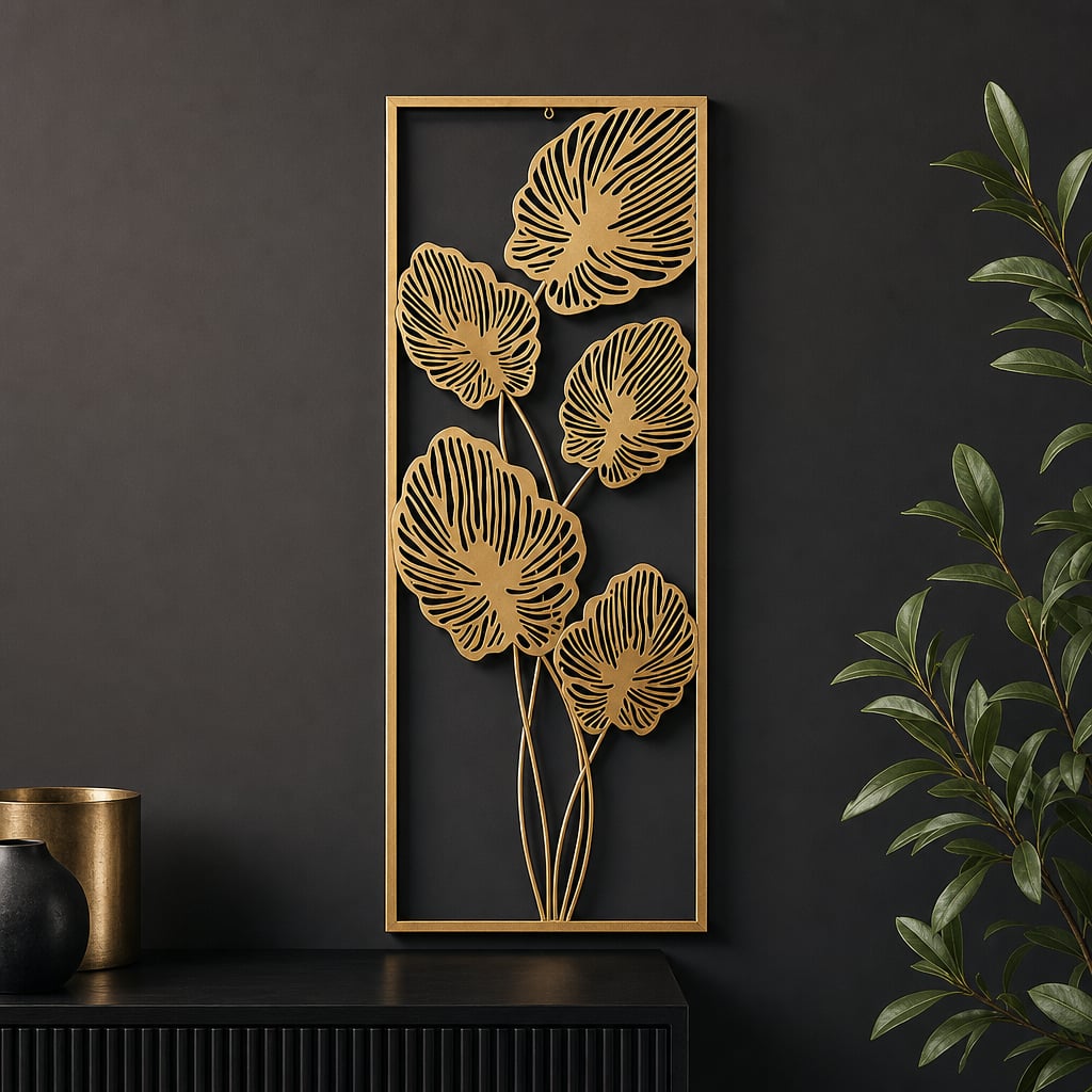 Decoratiune Metalica de Perete LuxCanva® Golden Leafs Contour A2923L, din Metal, Verticala, Auriu, Dimensiune Mare 30 × 85 × 3.5 cm