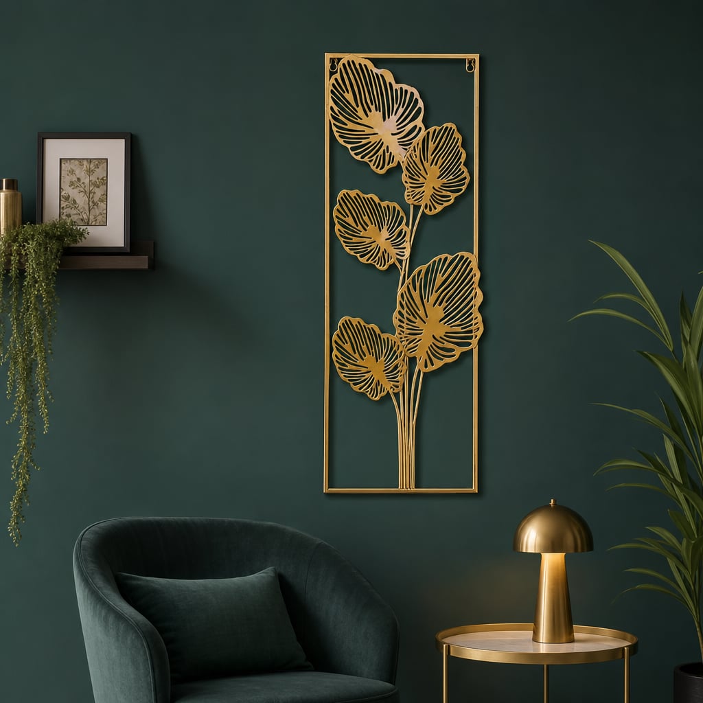 Decoratiune Metalica de Perete LuxCanva® Golden Leafs Contour A2923L, din Metal, Verticala, Auriu, Dimensiune Mare 30 × 85 × 3.5 cm