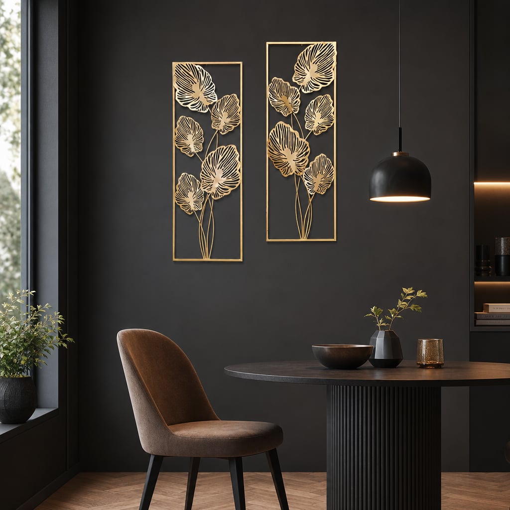 Decoratiune Metalica de Perete LuxCanva® Golden Leafs Contour A2923L, din Metal, Verticala, Auriu, Dimensiune Mare 30 × 85 × 3.5 cm