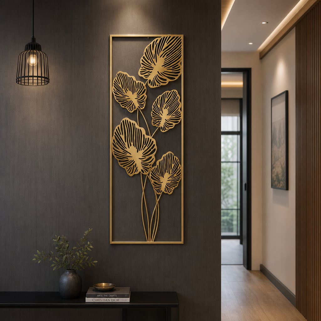 Decoratiune Metalica de Perete LuxCanva® Golden Leafs Contour A2923L, din Metal, Verticala, Auriu, Dimensiune Mare 30 × 85 × 3.5 cm