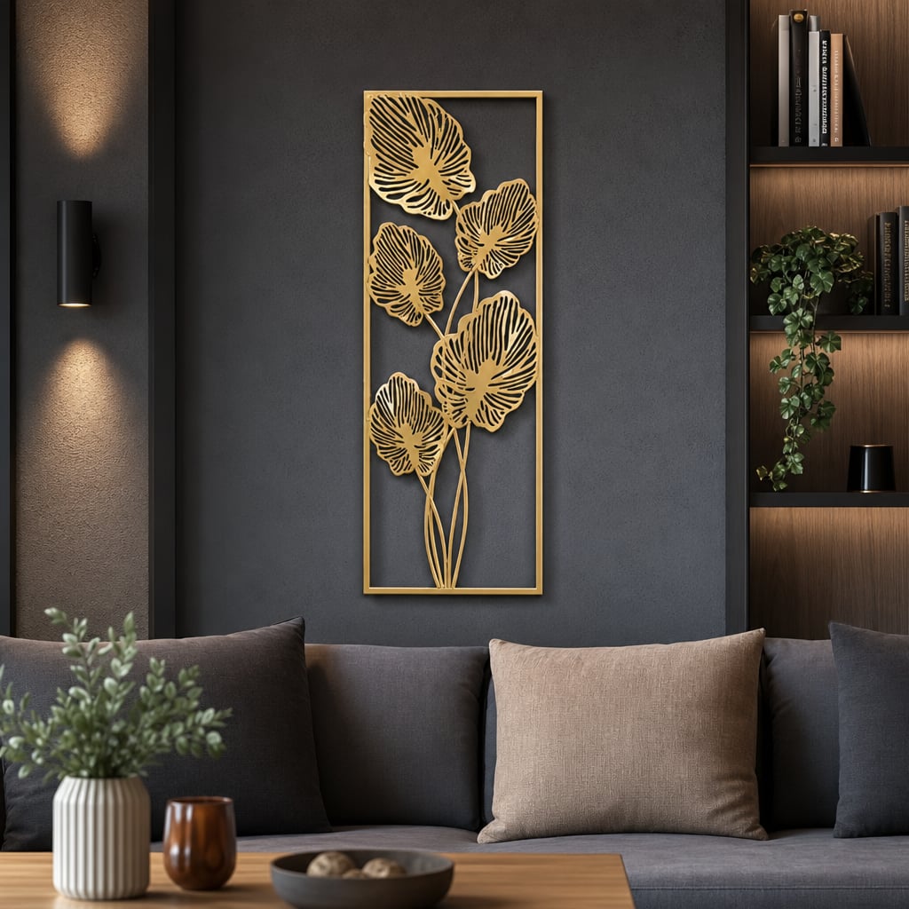Decoratiune Metalica de Perete LuxCanva® Golden Leafs Contour A2923L, din Metal, Verticala, Auriu, Dimensiune Mare 30 × 85 × 3.5 cm