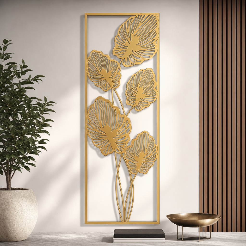 Decoratiune Metalica de Perete LuxCanva® Golden Leafs Contour A2923L, din Metal, Verticala, Auriu, Dimensiune Mare 30 × 85 × 3.5 cm
