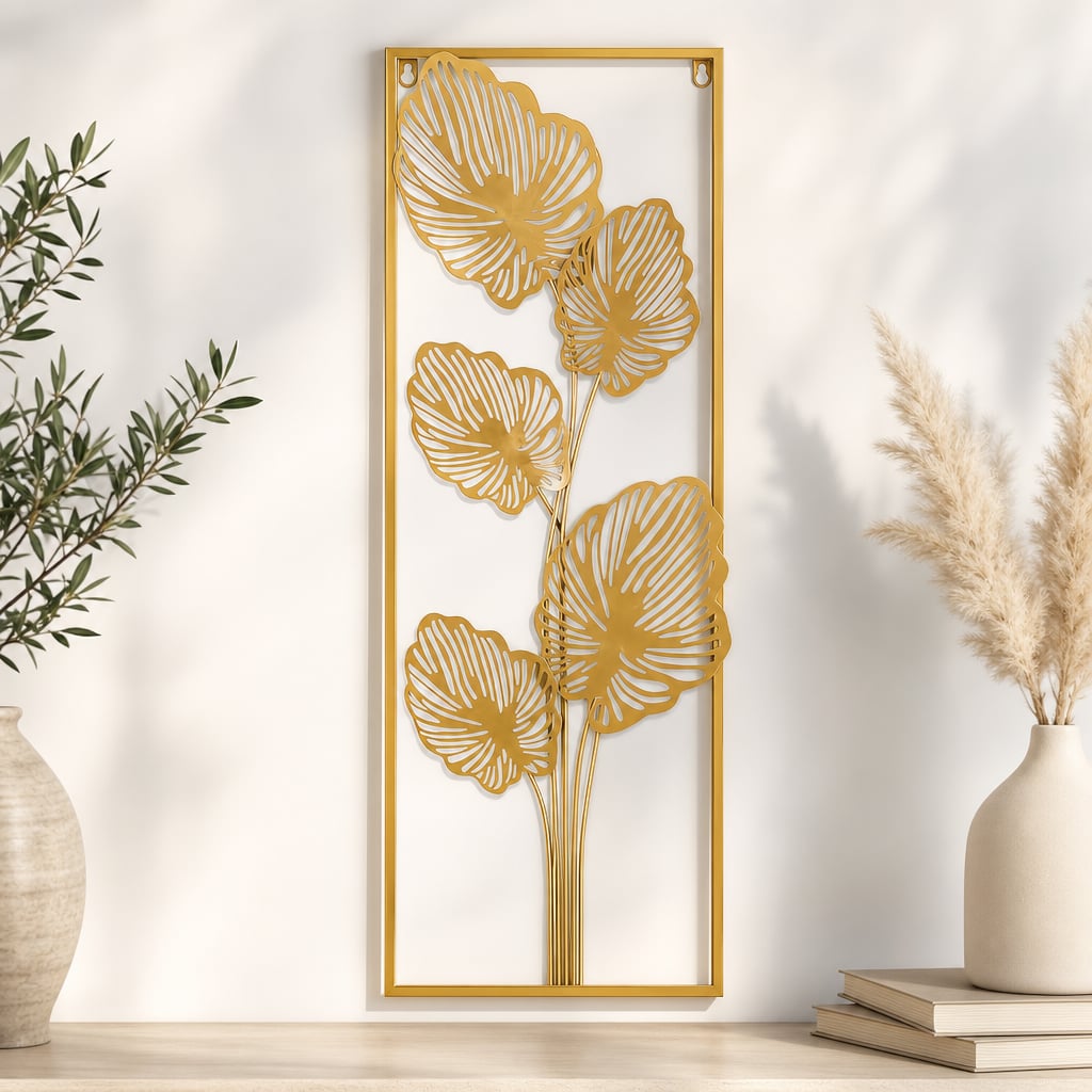 Decoratiune Metalica de Perete LuxCanva® Golden Leafs Contour A2923L, din Metal, Verticala, Auriu, Dimensiune Mare 30 × 85 × 3.5 cm