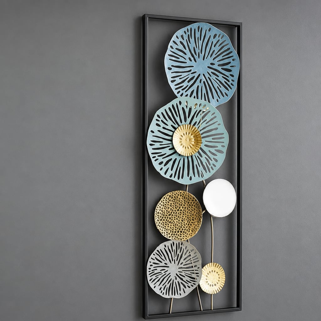 Decoratiune Metalica de Perete LuxCanva® BloomFrame A2920, din Metal, Verticala, Albastru, Auriu, Argintiu, 22 × 60 x 2 cm