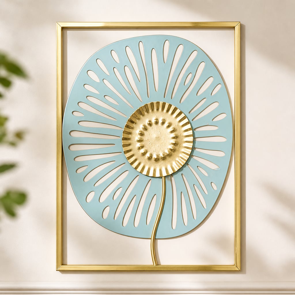 Decoratiune Metalica de Perete LuxCanva® BloomFrame A2920, din Metal, Verticala, Albastru, Auriu, Argintiu, 22 × 60 x 2 cm