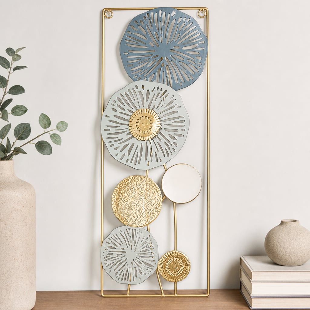 Decoratiune Metalica de Perete LuxCanva® BloomFrame A2920, din Metal, Verticala, Albastru, Auriu, Argintiu, 22 × 60 x 2 cm