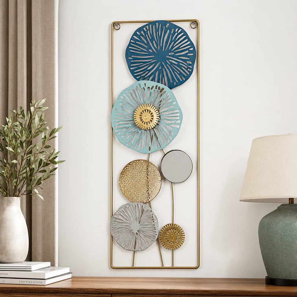 Decoratiune Metalica de Perete LuxCanva® BloomFrame A2920, din Metal, Verticala, Albastru, Auriu, Argintiu, 22 × 60 x 2 cm