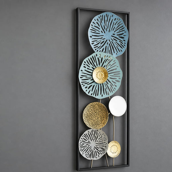 Metallwanddekoration LuxCanva® BloomFrame A2920, Metall, vertikal, blau, gold, silber, 22 × 60 x 2 cm