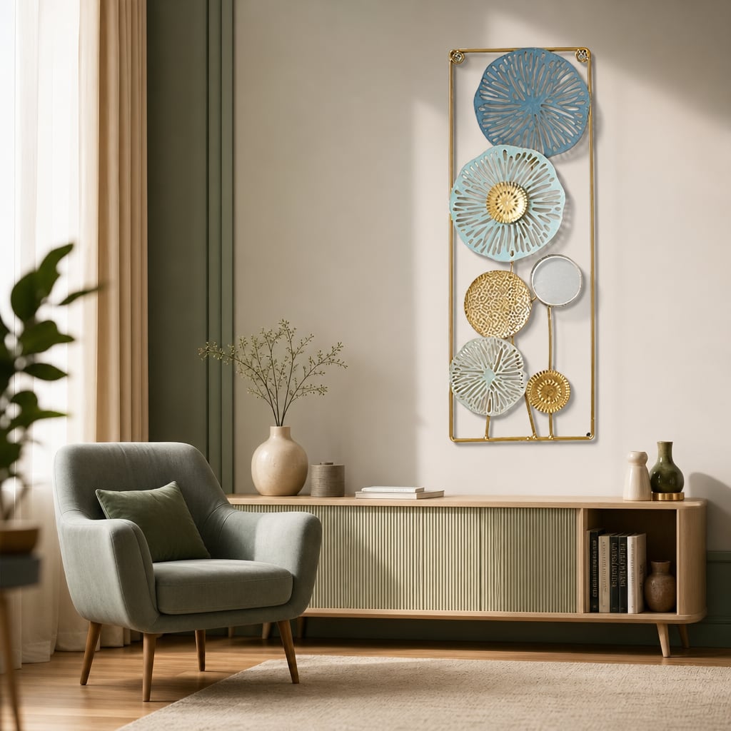 Decoratiune Metalica de Perete LuxCanva® BloomFrame A2920, din Metal, Verticala, Albastru, Auriu, Argintiu, 22 × 60 x 2 cm