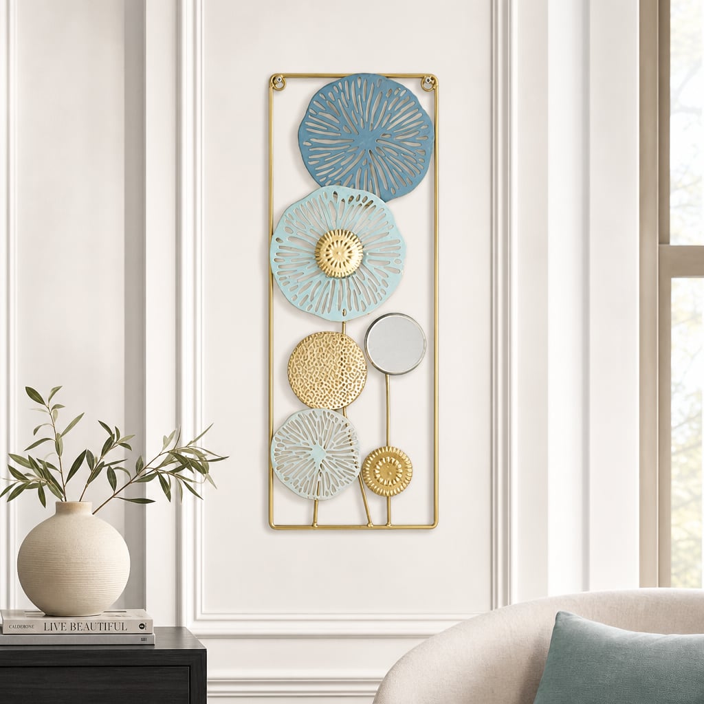 Decoratiune Metalica de Perete LuxCanva® BloomFrame A2920, din Metal, Verticala, Albastru, Auriu, Argintiu, 22 × 60 x 2 cm