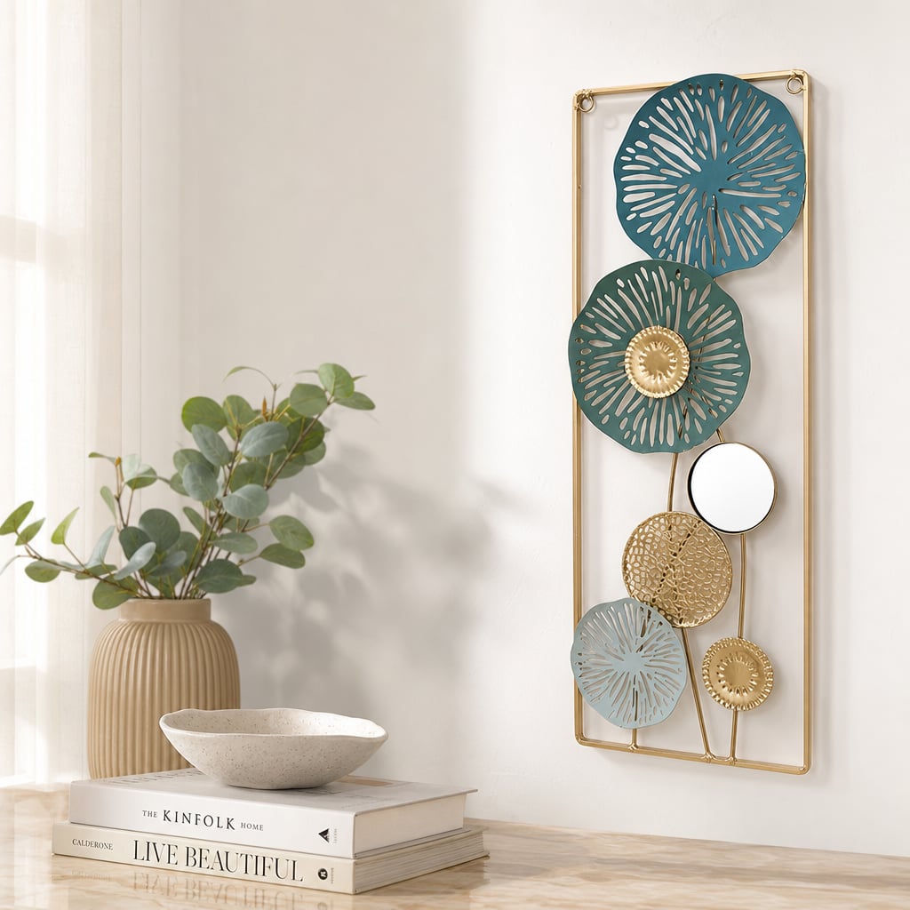 Decoratiune Metalica de Perete LuxCanva® BloomFrame A2920, din Metal, Verticala, Albastru, Auriu, Argintiu, 22 × 60 x 2 cm