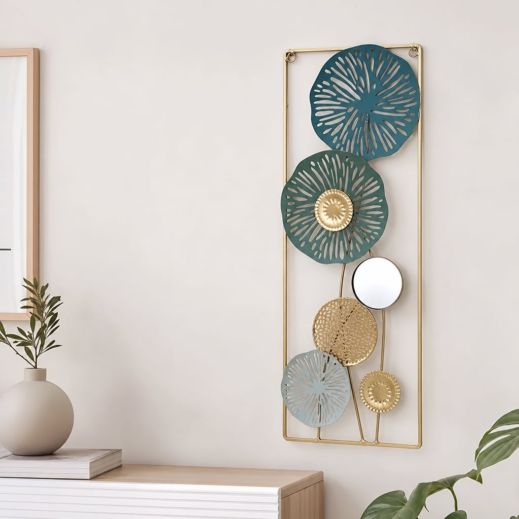Decoratiune Metalica de Perete LuxCanva® BloomFrame A2920, din Metal, Verticala, Albastru, Auriu, Argintiu, 22 × 60 x 2 cm