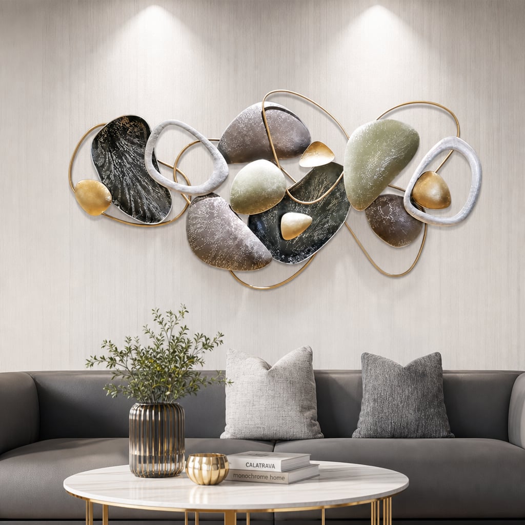 Metall Wanddekoration LuxCanva® Stone Harmony A2028, aus Metall, Horizontal, Schwarz, Grau, Weiß, Gold, Großformat 135 x 64 cm
