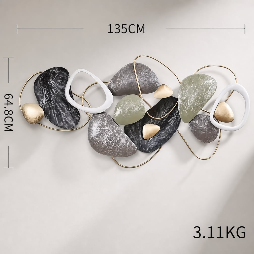 Metall Wanddekoration LuxCanva® Stone Harmony A2028, aus Metall, Horizontal, Schwarz, Grau, Weiß, Gold, Großformat 135 x 64 cm