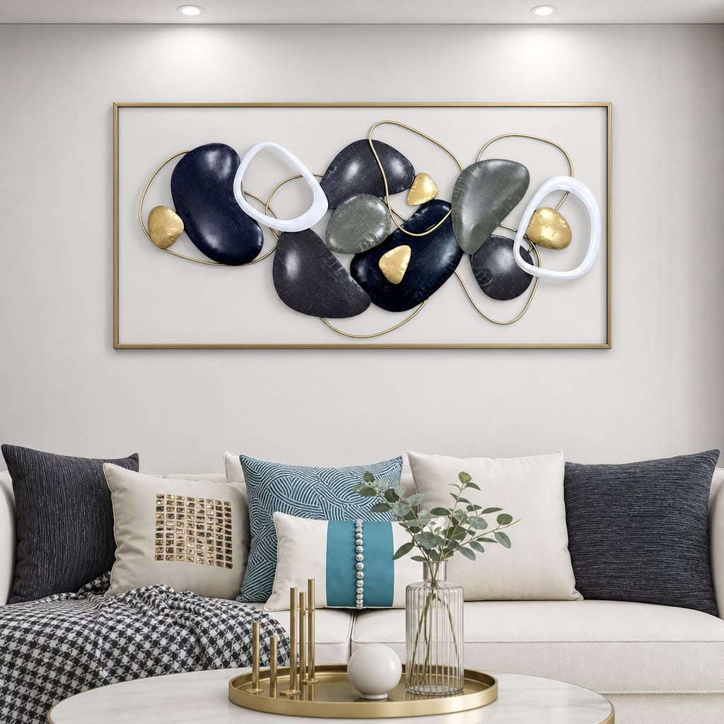 Metall Wanddekoration LuxCanva® Stone Harmony A2028, aus Metall, Horizontal, Schwarz, Grau, Weiß, Gold, Großformat 135 x 64 cm