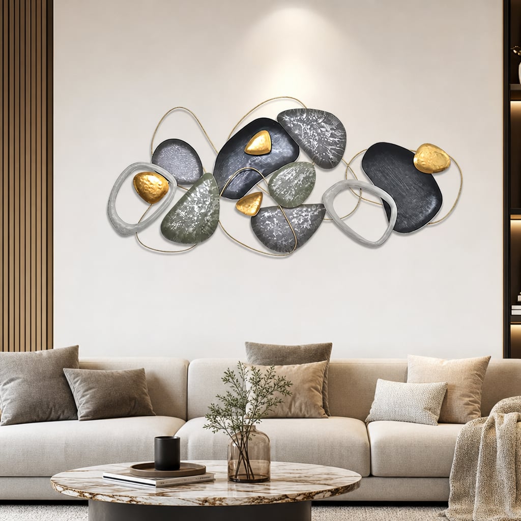 Metall Wanddekoration LuxCanva® Stone Harmony A2028, aus Metall, Horizontal, Schwarz, Grau, Weiß, Gold, Großformat 135 x 64 cm