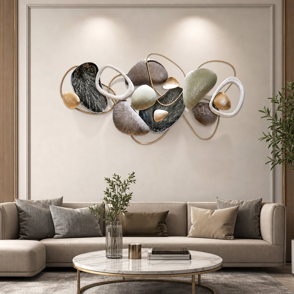 Metall Wanddekoration LuxCanva® Stone Harmony A2028, aus Metall, Horizontal, Schwarz, Grau, Weiß, Gold, Großformat 135 x 64 cm
