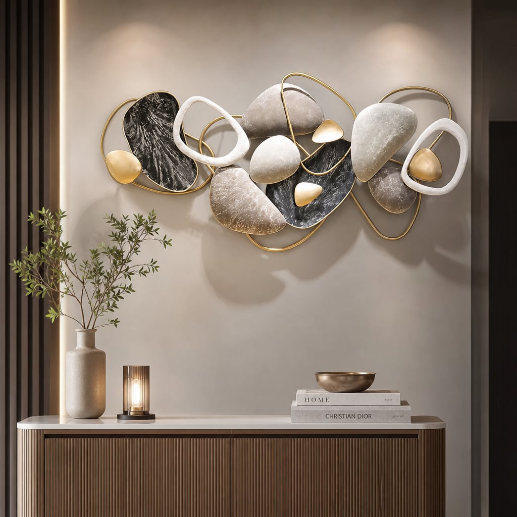 Metall Wanddekoration LuxCanva® Stone Harmony A2028, aus Metall, Horizontal, Schwarz, Grau, Weiß, Gold, Großformat 135 x 64 cm