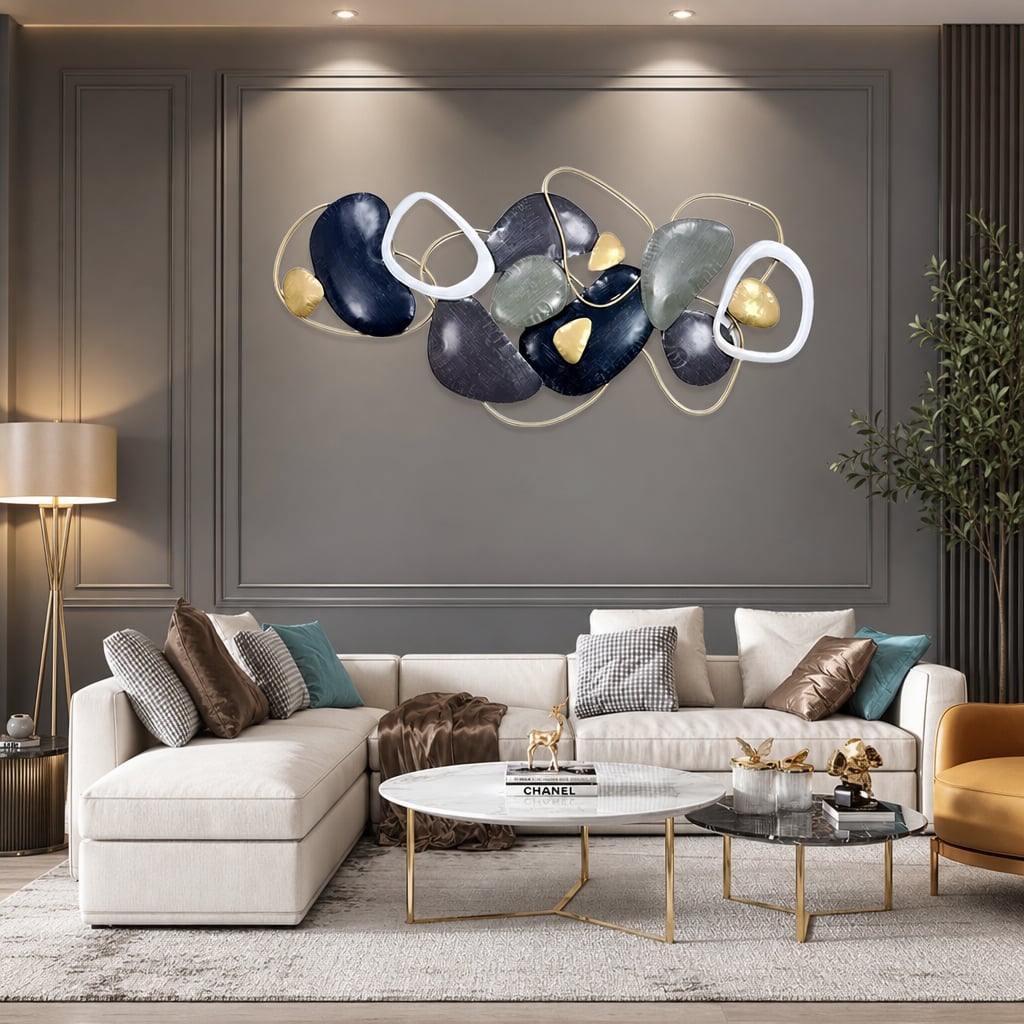 Metall Wanddekoration LuxCanva® Stone Harmony A2028, aus Metall, Horizontal, Schwarz, Grau, Weiß, Gold, Großformat 135 x 64 cm