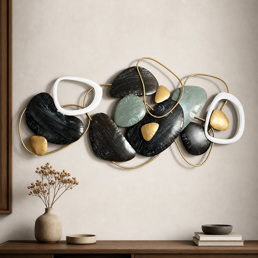 Metall Wanddekoration LuxCanva® Stone Harmony A2028, aus Metall, Horizontal, Schwarz, Grau, Weiß, Gold, Großformat 135 x 64 cm