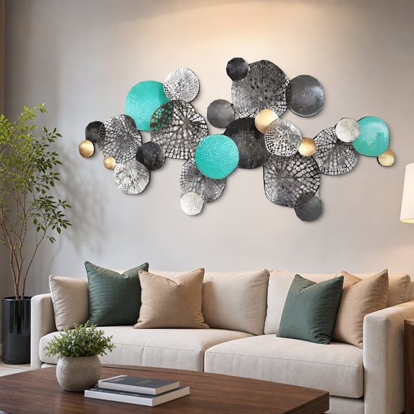 Metall Wanddekoration LuxCanva® Kreis Wandkunst A2027, Metall, Horizontal, Türkis, Gold, Silber, Großformat 133 x 68 cm