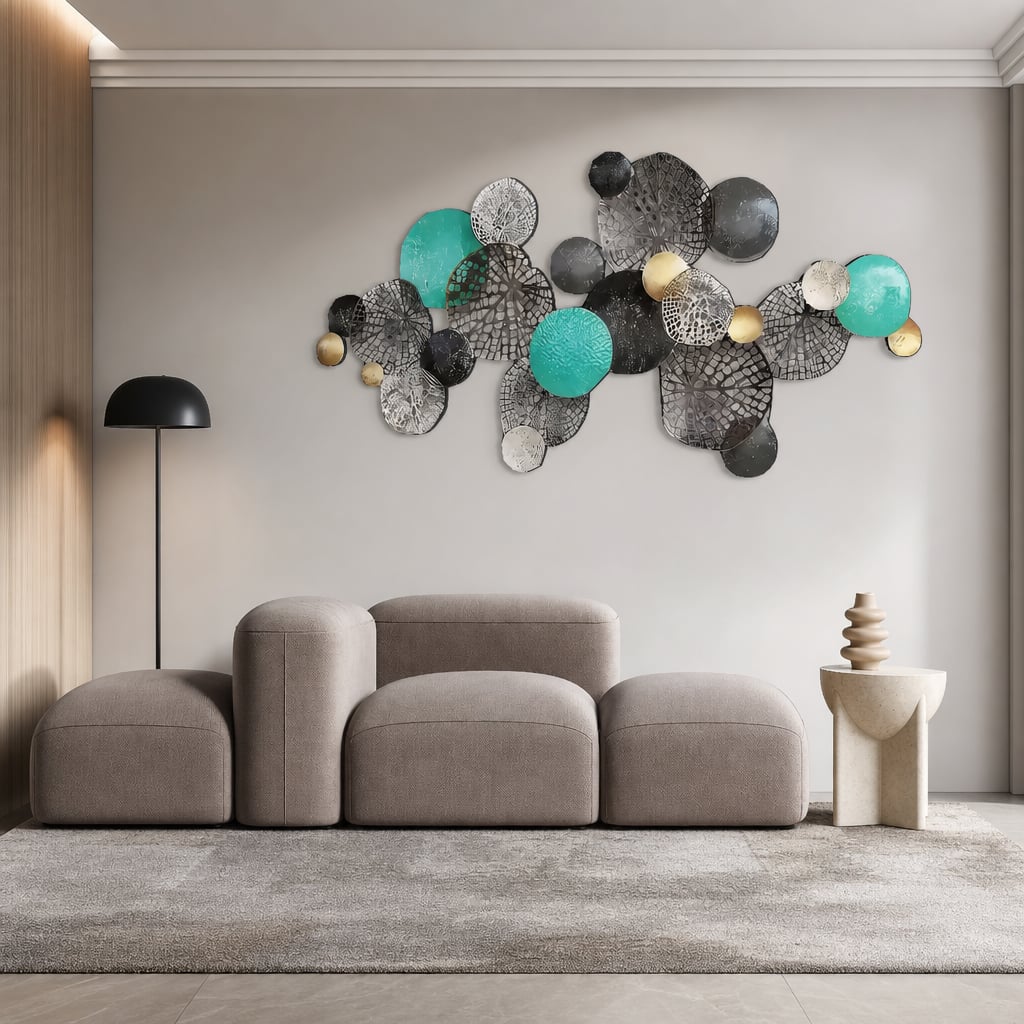 Decoratiune Metalica de Perete LuxCanva® Circle Wall Art A2027, din Metal, Orizontal, Turquoise, Gold, Silver, Dimensiune Mare 133 x 68 cm