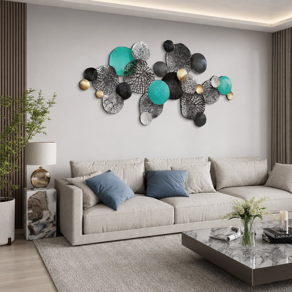 Decoratiune Metalica de Perete LuxCanva® Circle Wall Art A2027, din Metal, Orizontal, Turquoise, Gold, Silver, Dimensiune Mare 133 x 68 cm