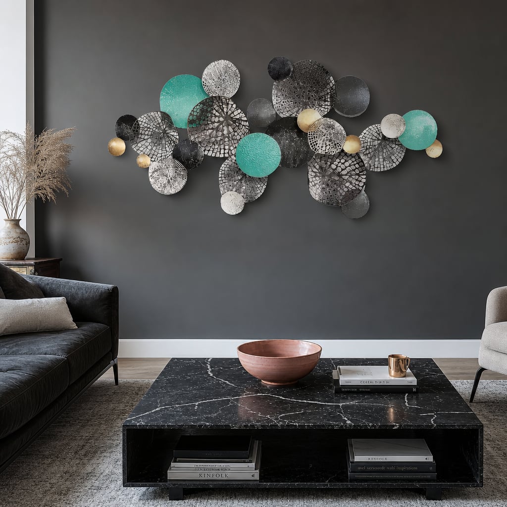 Decoratiune Metalica de Perete LuxCanva® Circle Wall Art A2027, din Metal, Orizontal, Turquoise, Gold, Silver, Dimensiune Mare 133 x 68 cm