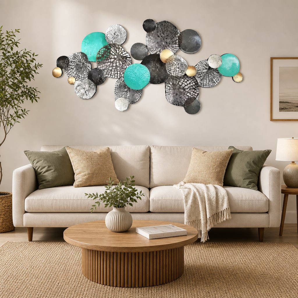 Decoratiune Metalica de Perete LuxCanva® Circle Wall Art A2027, din Metal, Orizontal, Turquoise, Gold, Silver, Dimensiune Mare 133 x 68 cm
