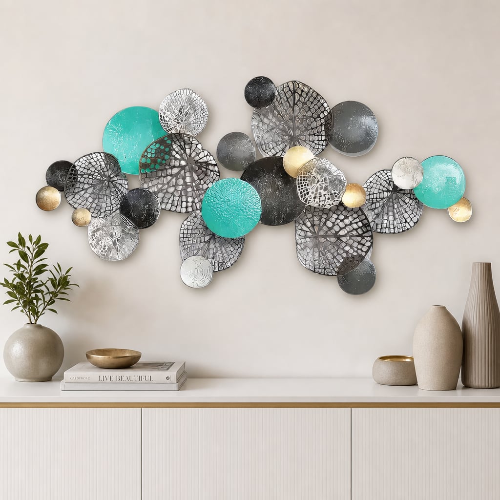 Decoratiune Metalica de Perete LuxCanva® Circle Wall Art A2027, din Metal, Orizontal, Turquoise, Gold, Silver, Dimensiune Mare 133 x 68 cm