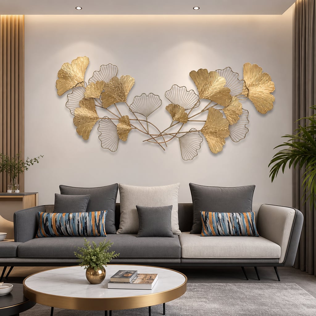 Decoratiune Metalica de Perete LuxCanva® Twin Glow A2024, din Metal, Orizontal, Gold, Dimensiune Mare 200 x 80 cm