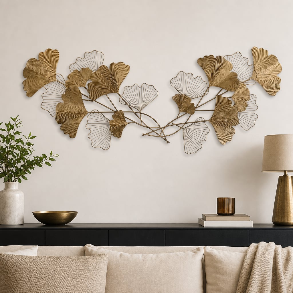 Decoratiune Metalica de Perete LuxCanva® Twin Glow A2024, din Metal, Orizontal, Gold, Dimensiune Mare 200 x 80 cm