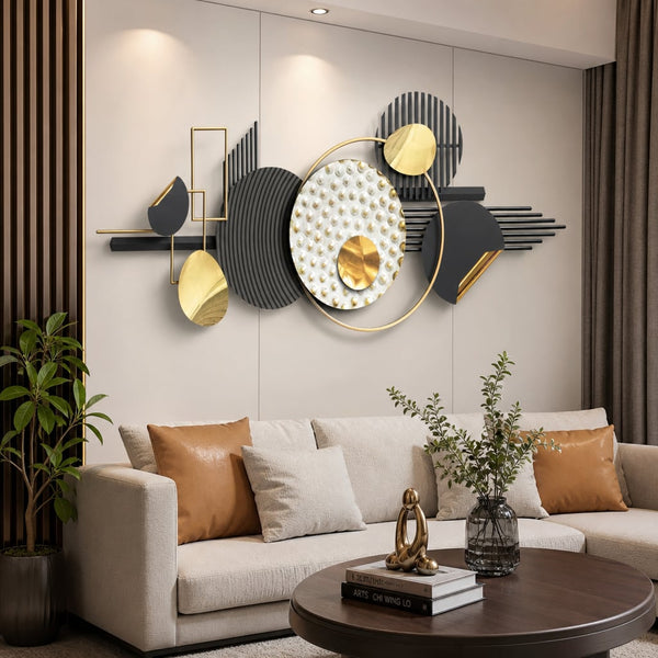 Metall Wanddekoration LuxCanva® Silent Geometry A2452, aus Metall, Schwarz, Gold, Weiß, Grau, Weiß, Grau, Gold, Großformat 150 x 60 cm