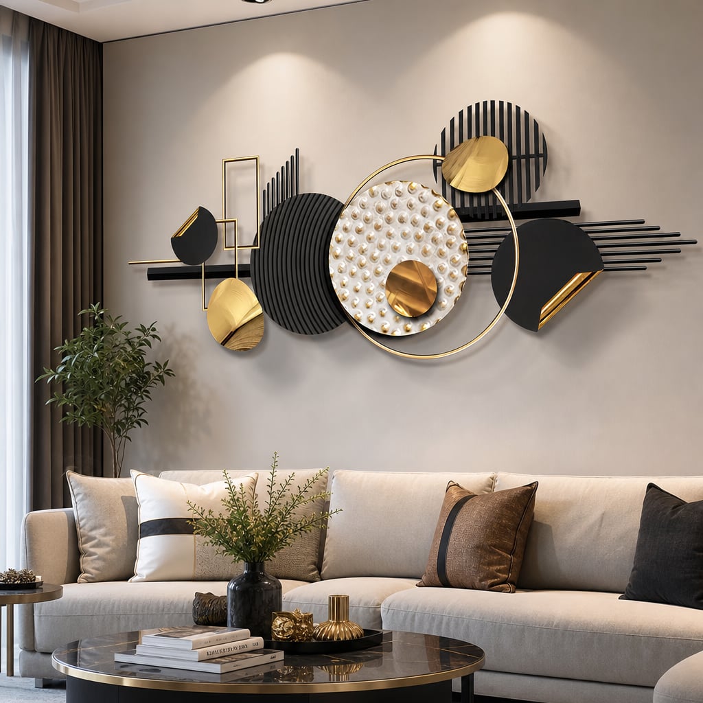 Decoratiune Metalica de Perete LuxCanva® Silent Geometry A2452, din Metal, Negru, Gold, Alb, Gri, Auriu, Dimensiune Mare 150 x 60 cm