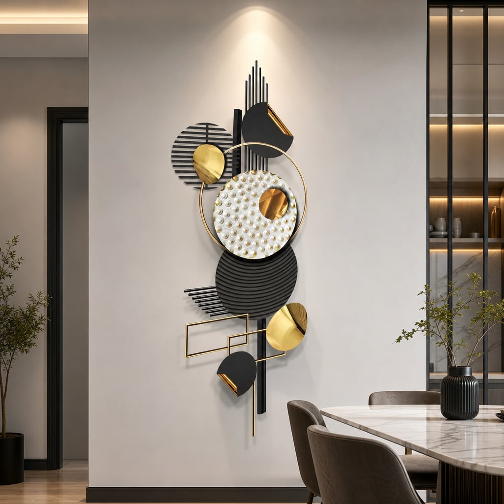Decoratiune Metalica de Perete LuxCanva® Silent Geometry A2452, din Metal, Negru, Gold, Alb, Gri, Auriu, Dimensiune Mare 150 x 60 cm