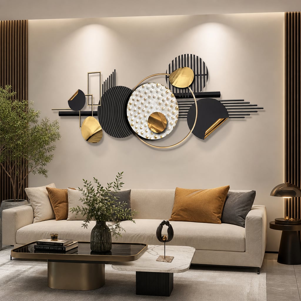 Decoratiune Metalica de Perete LuxCanva® Silent Geometry A2452, din Metal, Negru, Gold, Alb, Gri, Auriu, Dimensiune Mare 150 x 60 cm