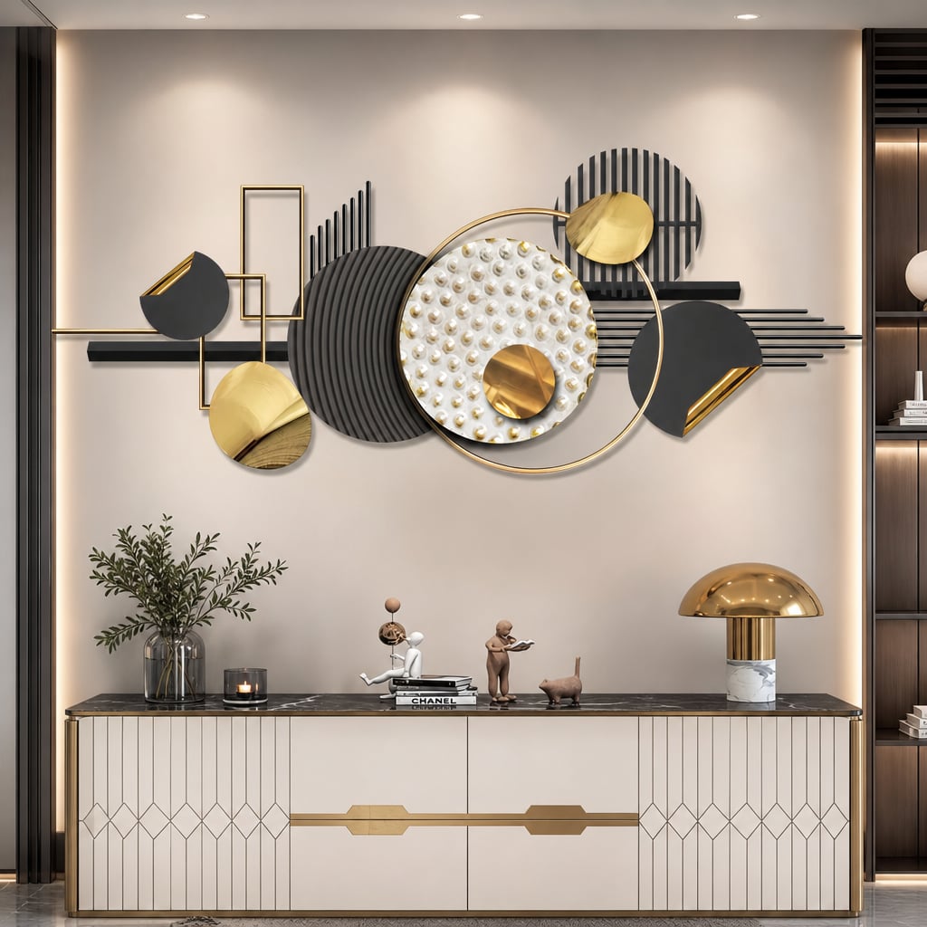 Decoratiune Metalica de Perete LuxCanva® Silent Geometry A2452, din Metal, Negru, Gold, Alb, Gri, Auriu, Dimensiune Mare 150 x 60 cm