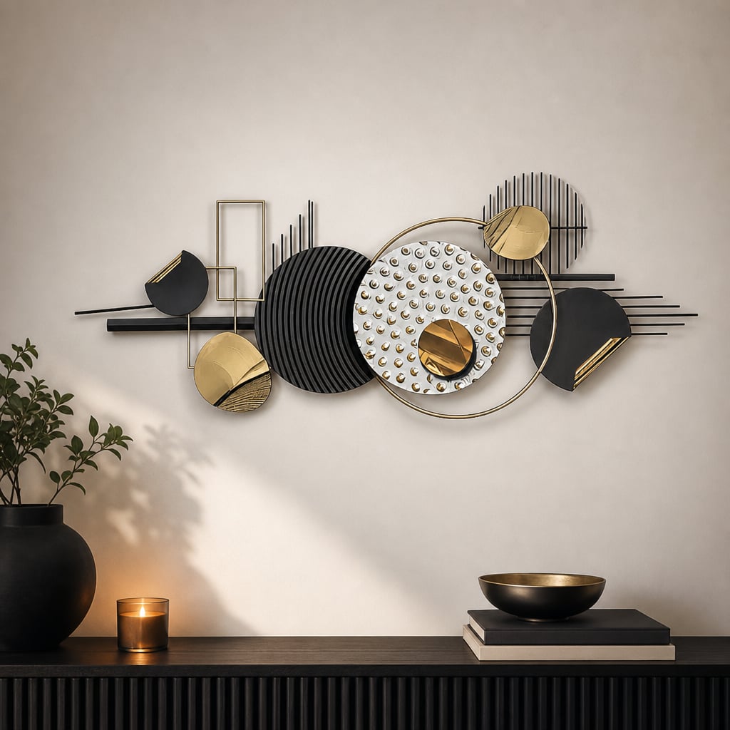 Decoratiune Metalica de Perete LuxCanva® Silent Geometry A2452, din Metal, Negru, Gold, Alb, Gri, Auriu, Dimensiune Mare 150 x 60 cm