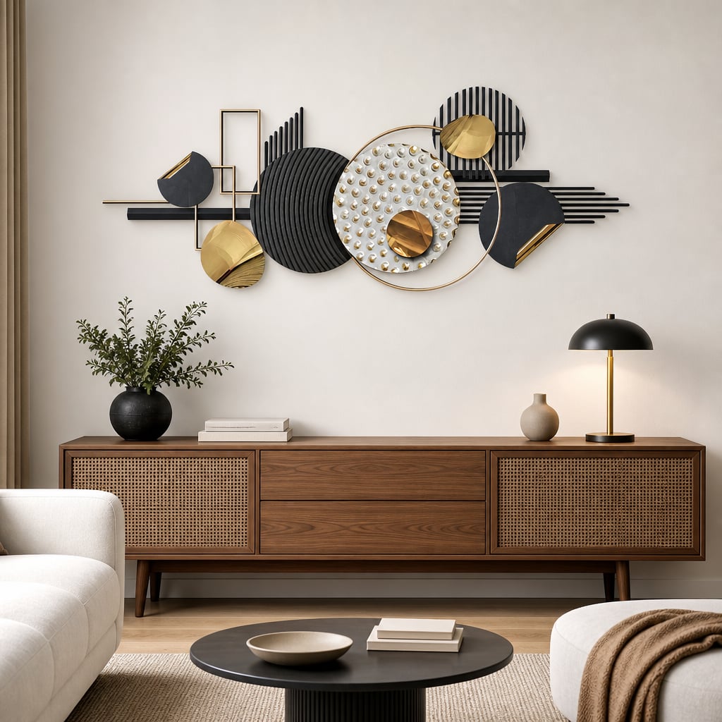 Decoratiune Metalica de Perete LuxCanva® Silent Geometry A2452, din Metal, Negru, Gold, Alb, Gri, Auriu, Dimensiune Mare 150 x 60 cm