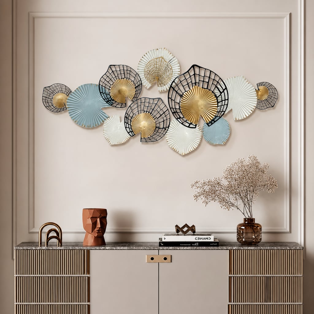 Decoratiune Metalica de Perete LuxCanva® Metal Shadows A2306, din Metal, Negru, Gold, Alb, Gri, Auriu, Dimensiune Mare 140 x 61 cm