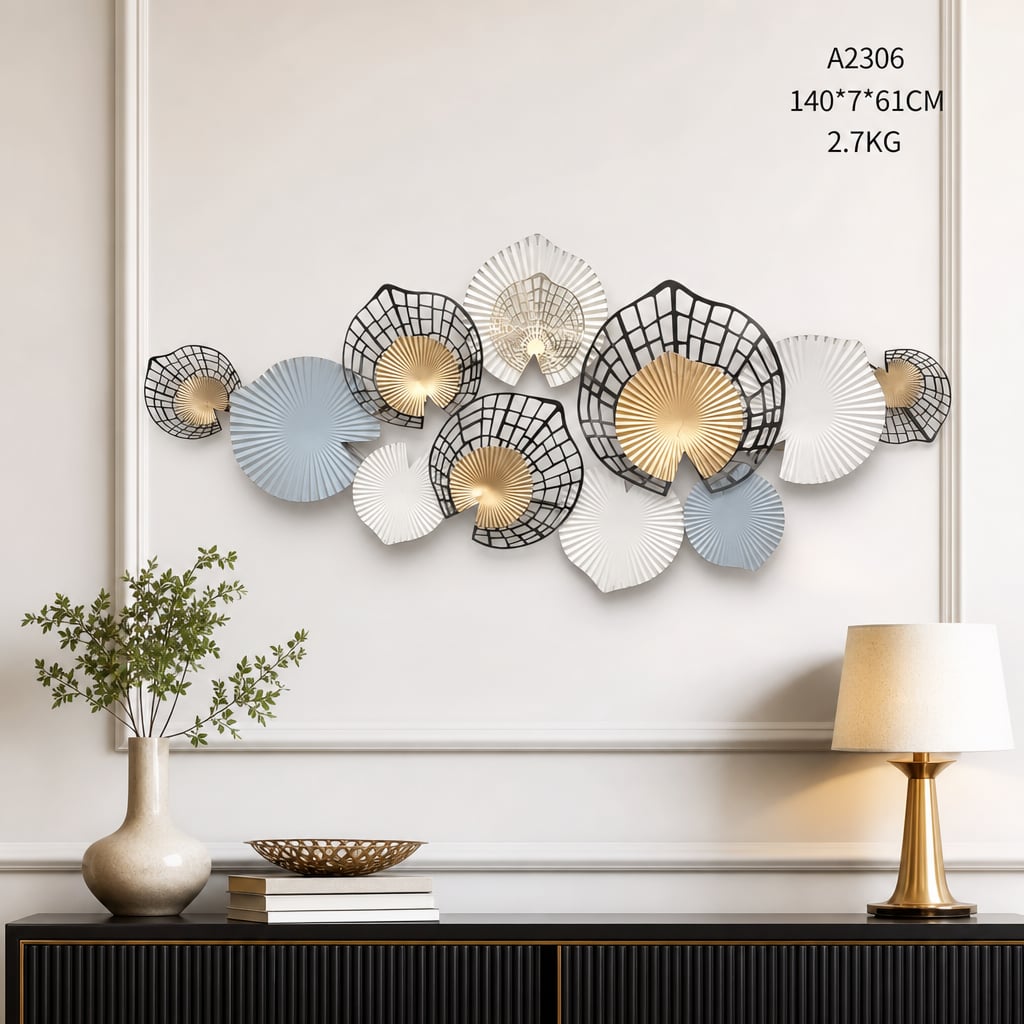 Decoratiune Metalica de Perete LuxCanva® Metal Shadows A2306, din Metal, Negru, Gold, Alb, Gri, Auriu, Dimensiune Mare 140 x 61 cm