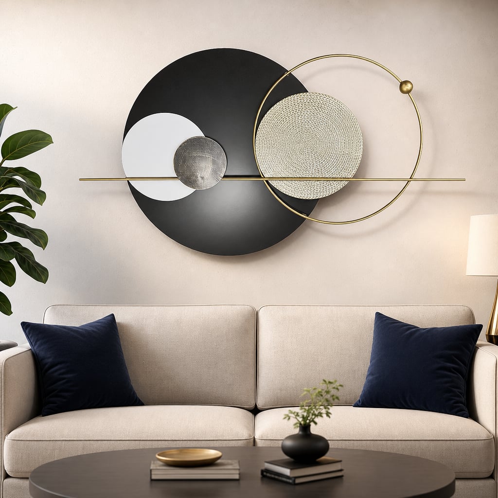 Decoratiune Metalica de Perete LuxCanva® Element Lines A2261, din Metal, Negru, Gold, Alb, Gri, Auriu, Dimensiune Mare 110 x 60 cm