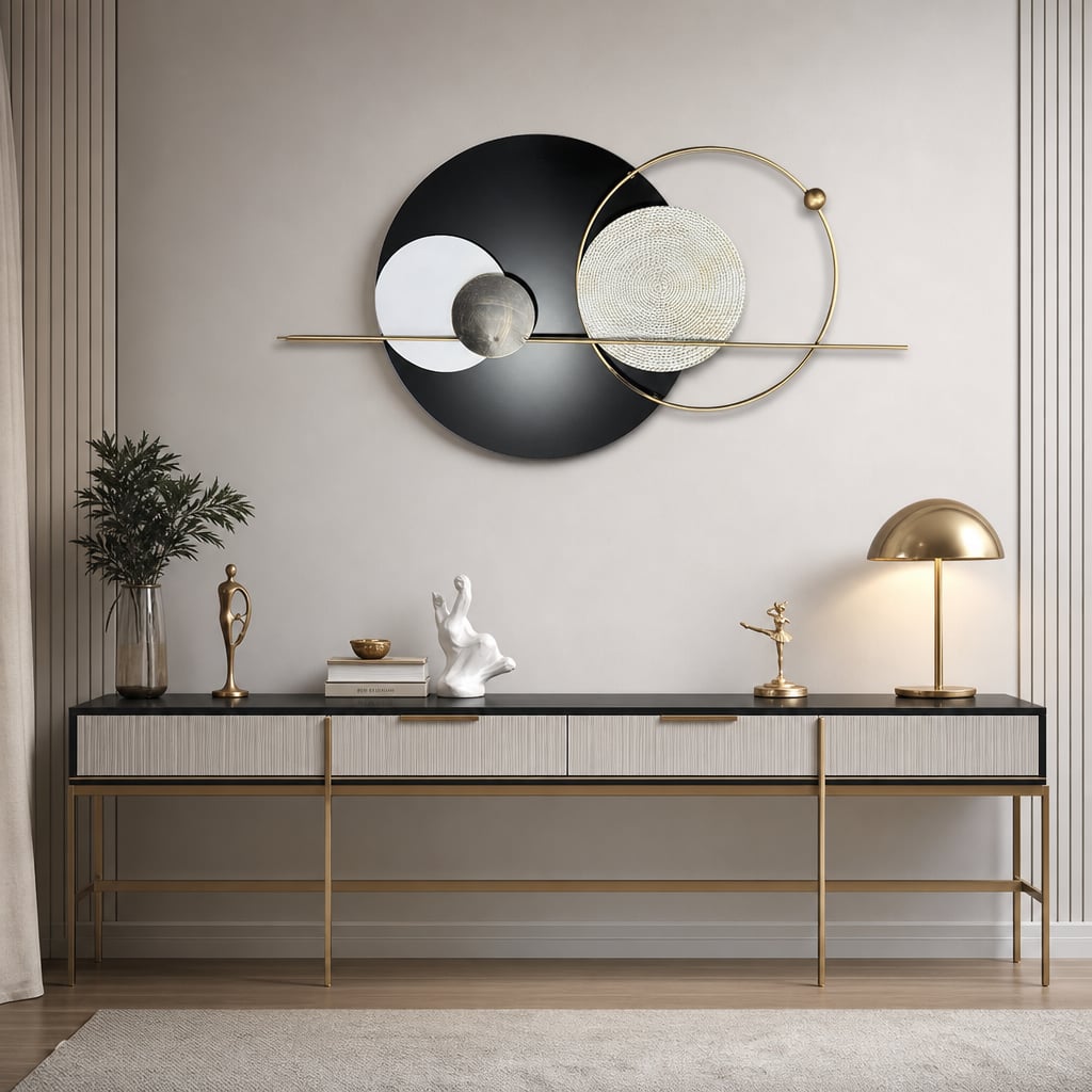 Decoratiune Metalica de Perete LuxCanva® Element Lines A2261, din Metal, Negru, Gold, Alb, Gri, Auriu, Dimensiune Mare 110 x 60 cm